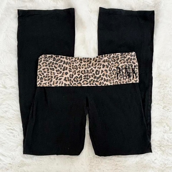 victoria's secret pink yoga fold over flare pants leopard waistband - Picture 5 of 8